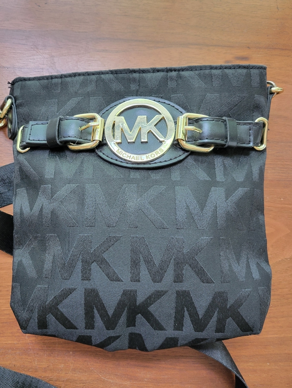 Michael Kors Black Logo Jacquard Crossbody with Gold MK Medallion